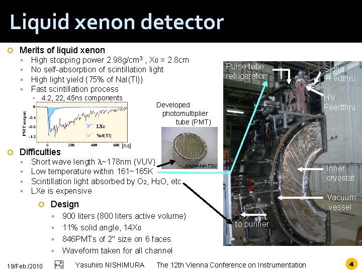 Liquid xenon detector Merits of liquid xenon High stopping power 2. 98 g/cm 3