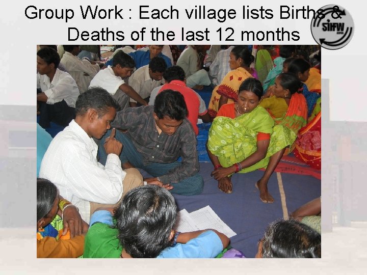 Group Work : Each village lists Births & Deaths of the last 12 months