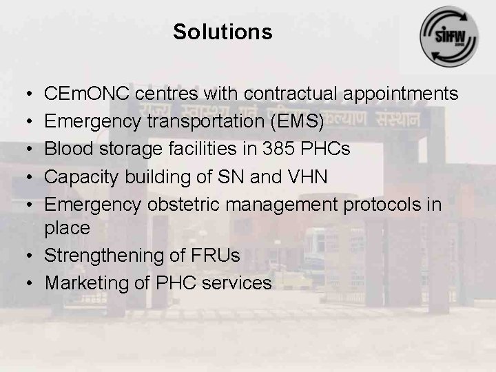 Solutions • • • CEm. ONC centres with contractual appointments Emergency transportation (EMS) Blood