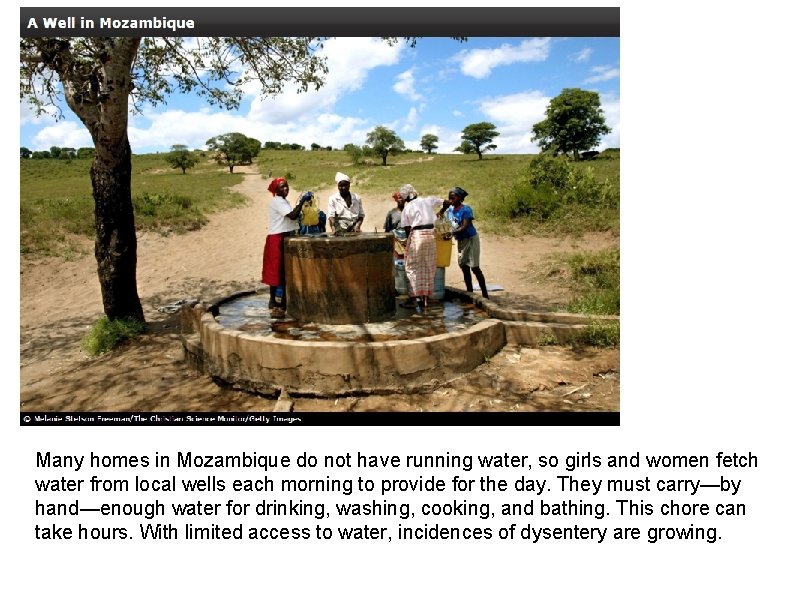 Many homes in Mozambique do not have running water, so girls and women fetch Many homes in Mozambique do not have running water, so girls and women fetch