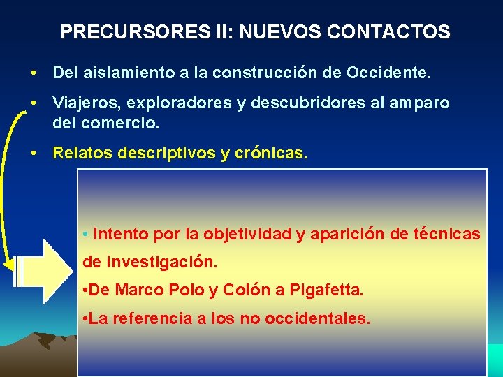 PRECURSORES II: NUEVOS CONTACTOS • Del aislamiento a la construcción de Occidente. • Viajeros,