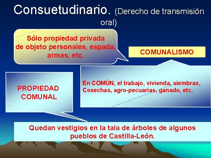 Consuetudinario. (Derecho de transmisión oral) Sólo propiedad privada de objeto personales, espada, armas, etc.