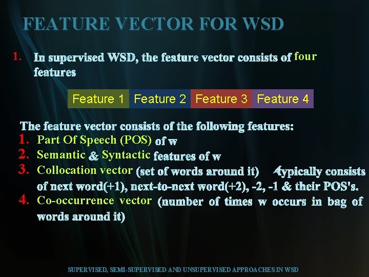 FEATURE VECTOR FOR WSD 1. four Feature 1 Feature 2 Feature 3 Feature 4