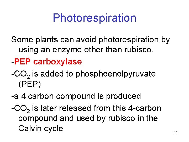 Photorespiration Some plants can avoid photorespiration by using an enzyme other than rubisco. -PEP Photorespiration Some plants can avoid photorespiration by using an enzyme other than rubisco. -PEP