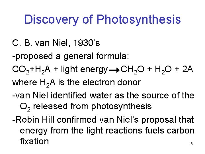 Discovery of Photosynthesis C. B. van Niel, 1930’s -proposed a general formula: CO 2+H Discovery of Photosynthesis C. B. van Niel, 1930’s -proposed a general formula: CO 2+H