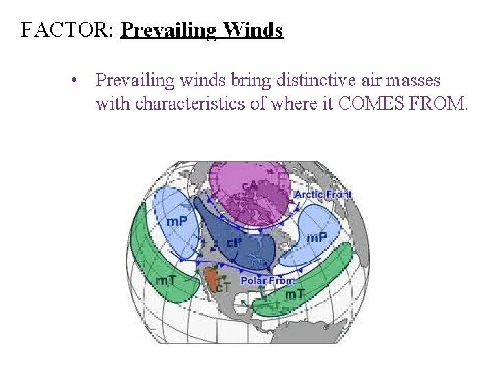 FACTOR: Prevailing Winds • Prevailing winds bring distinctive air masses with characteristics of where