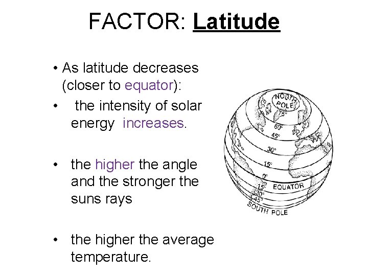 FACTOR: Latitude • As latitude decreases (closer to equator): • the intensity of solar
