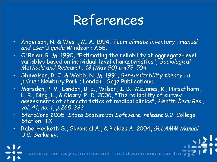 References • Anderson, N. & West, M. A. 1994, Team climate inventory : manual