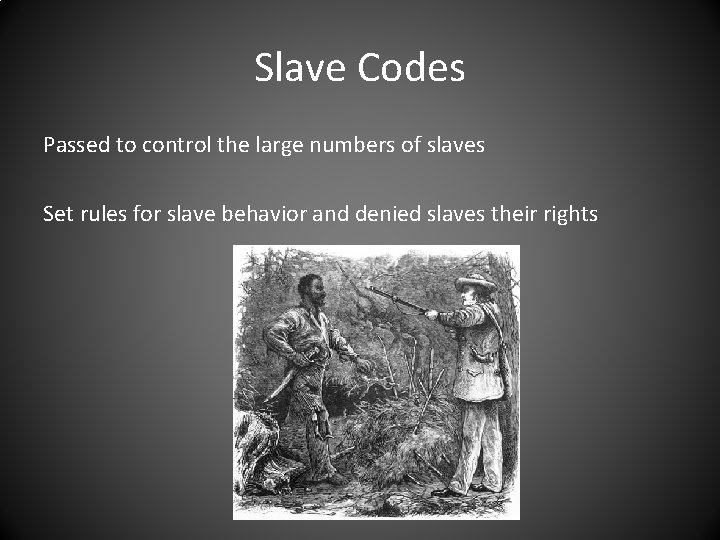 Slave Codes Passed to control the large numbers of slaves Set rules for slave Slave Codes Passed to control the large numbers of slaves Set rules for slave