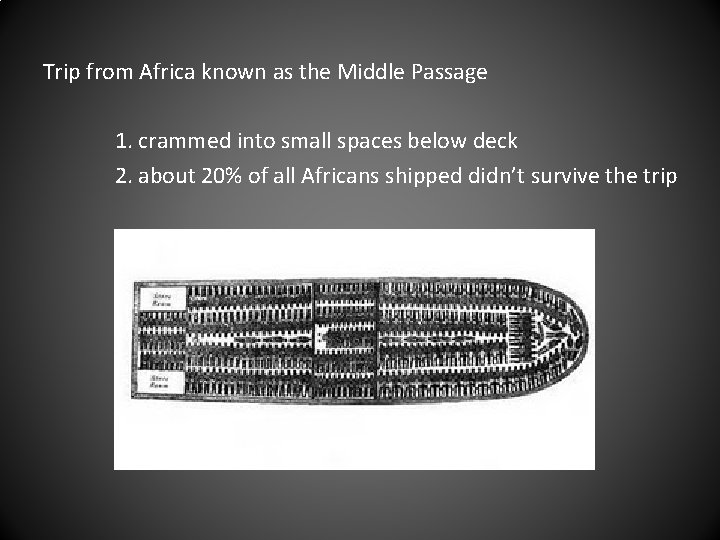 Trip from Africa known as the Middle Passage 1. crammed into small spaces below Trip from Africa known as the Middle Passage 1. crammed into small spaces below