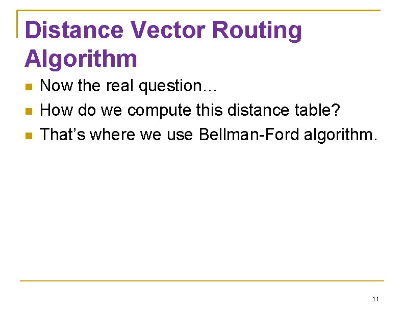 Distance Vector Routing Algorithm Now the real question… How do we compute this distance