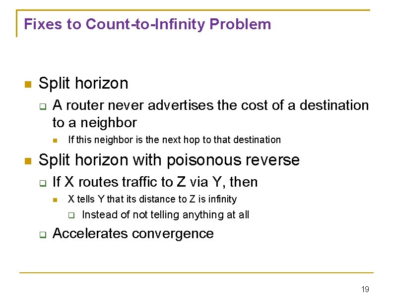 Fixes to Count-to-Infinity Problem Split horizon A router never advertises the cost of a