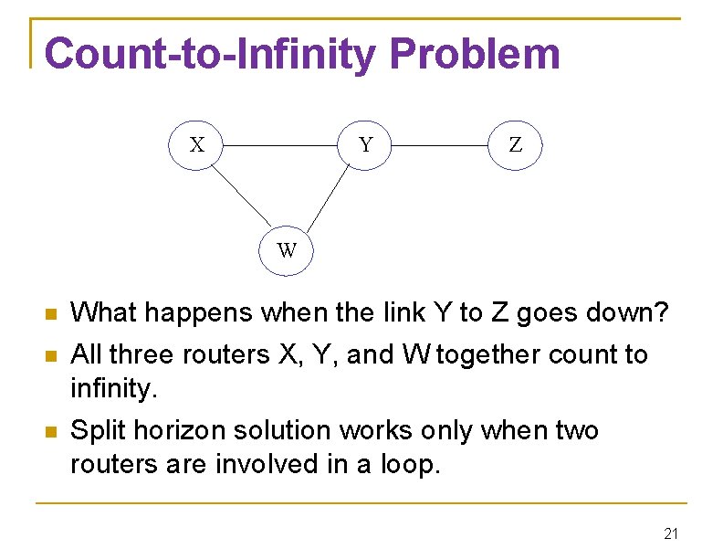 Count-to-Infinity Problem X Y Z W What happens when the link Y to Z