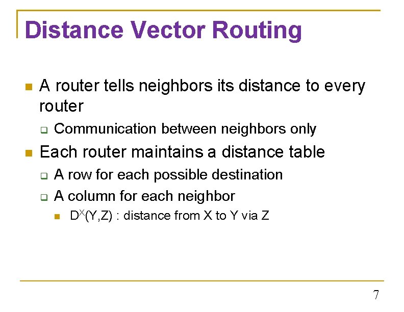 Distance Vector Routing A router tells neighbors its distance to every router Communication between