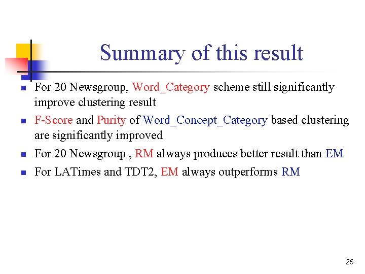 Summary of this result n n For 20 Newsgroup, Word_Category scheme still significantly improve Summary of this result n n For 20 Newsgroup, Word_Category scheme still significantly improve