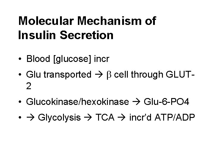 Molecular Mechanism of Insulin Secretion • Blood [glucose] incr • Glu transported b cell