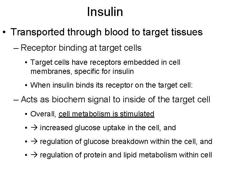 Insulin • Transported through blood to target tissues – Receptor binding at target cells