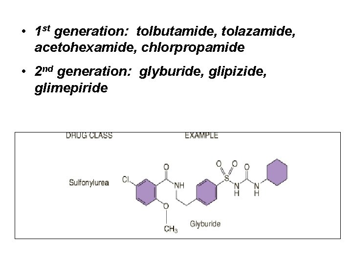  • 1 st generation: tolbutamide, tolazamide, acetohexamide, chlorpropamide • 2 nd generation: glyburide,