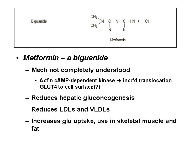 • Metformin – a biguanide – Mech not completely understood • Act’n c.