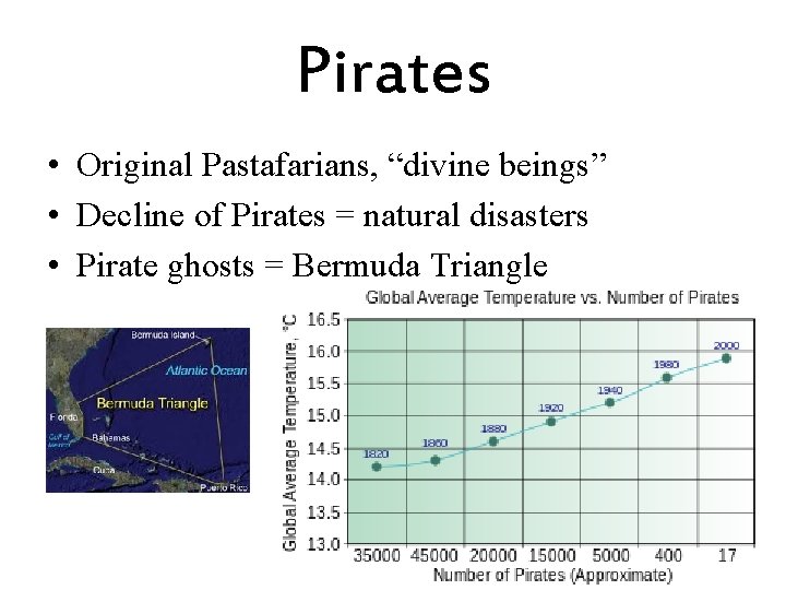 Pirates • Original Pastafarians, “divine beings” • Decline of Pirates = natural disasters •