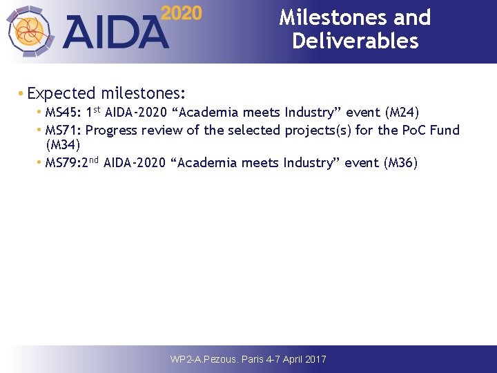 Milestones and Deliverables • Expected milestones: • MS 45: 1 st AIDA-2020 “Academia meets