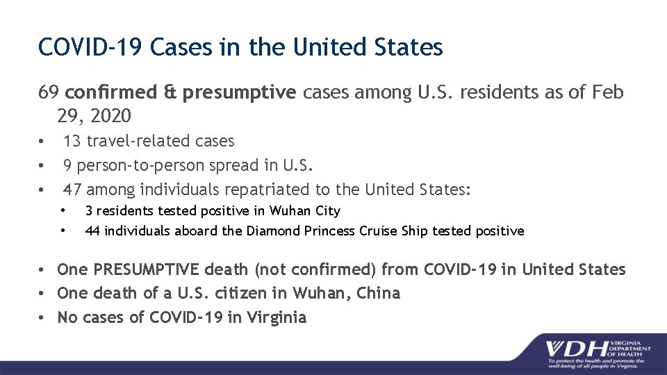 COVID-19 Cases in the United States 69 confirmed & presumptive cases among U. S.