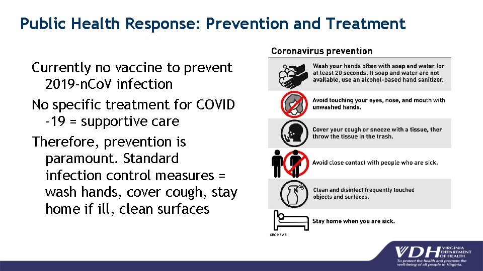 Public Health Response: Prevention and Treatment Currently no vaccine to prevent 2019 -n. Co.