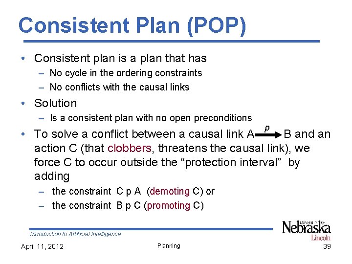 Consistent Plan (POP) • Consistent plan is a plan that has – No cycle