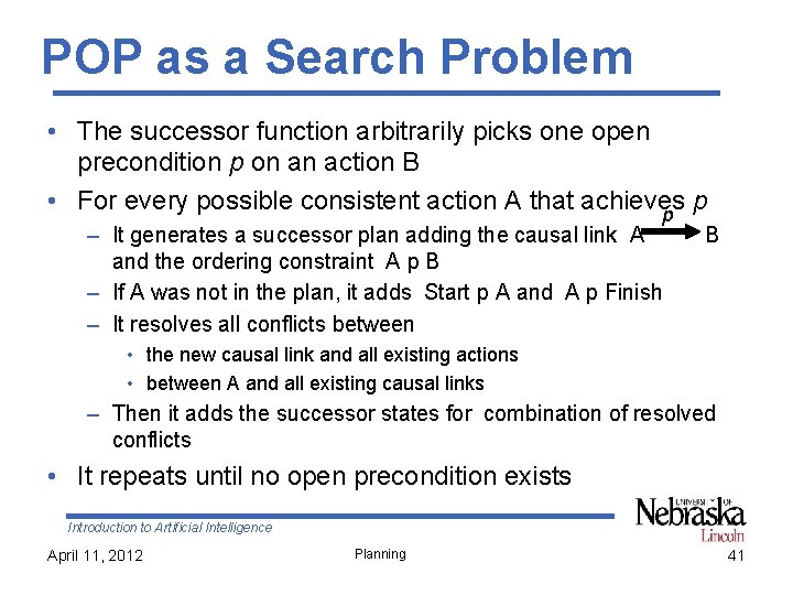 POP as a Search Problem • The successor function arbitrarily picks one open precondition