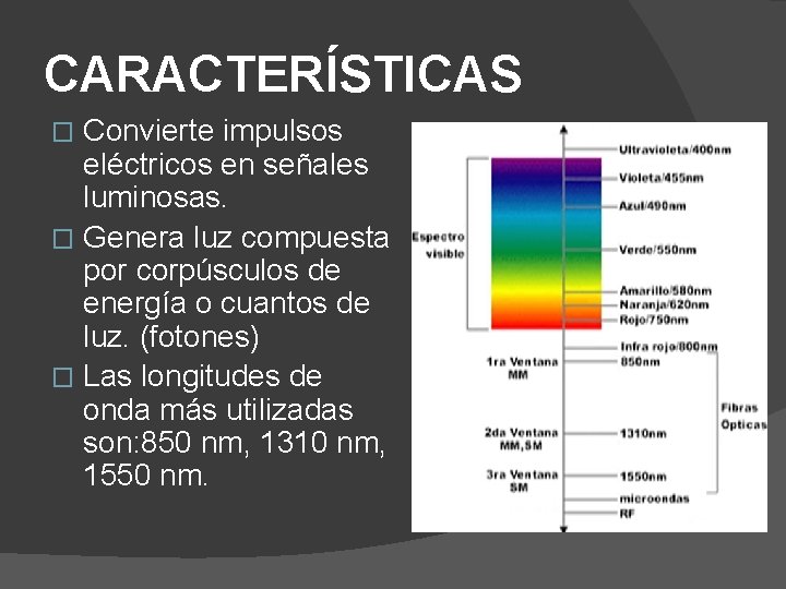 CARACTERÍSTICAS Convierte impulsos eléctricos en señales luminosas. � Genera luz compuesta por corpúsculos de
