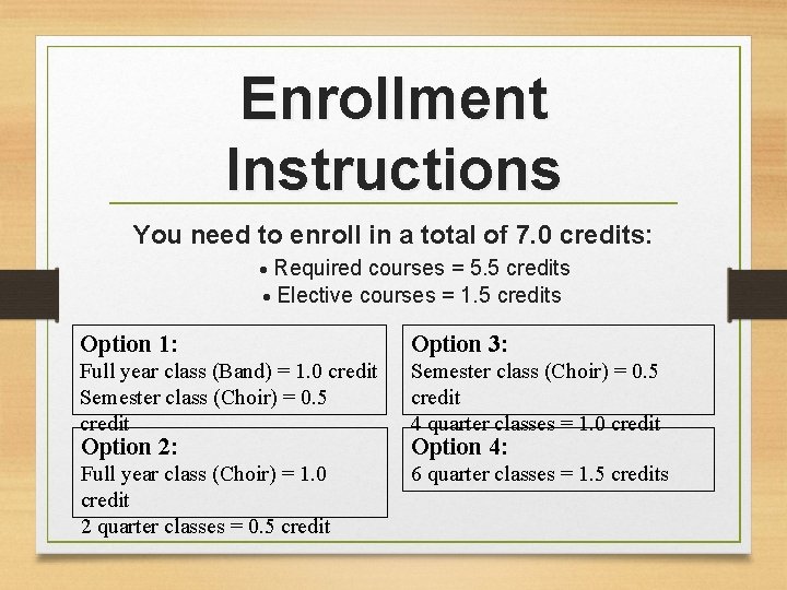 Enrollment Instructions You need to enroll in a total of 7. 0 credits: Required