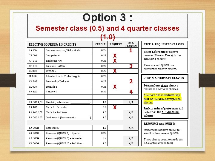 Option 3 : Semester class (0. 5) and 4 quarter classes (1. 0) X
