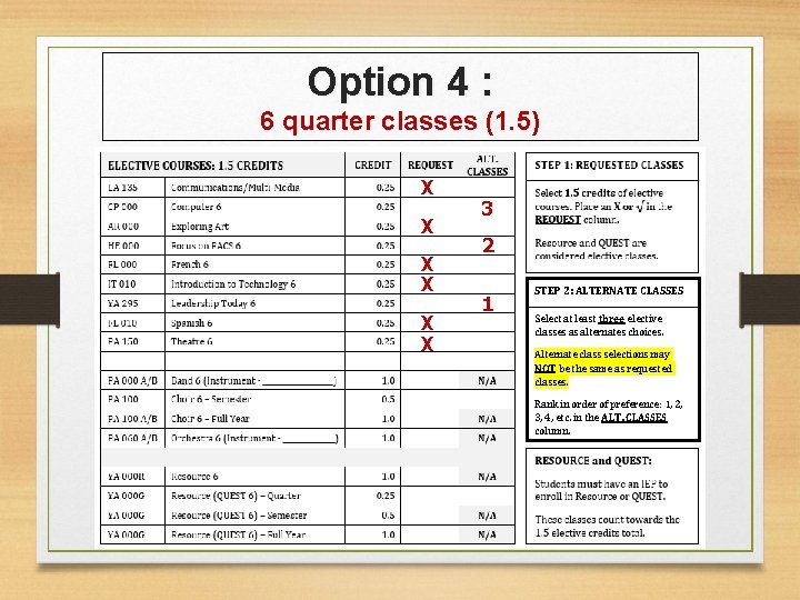 Option 4 : 6 quarter classes (1. 5) X X X 3 2 1
