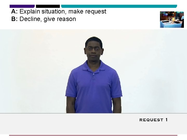 A: Explain situation, make request B: Decline, give reason 