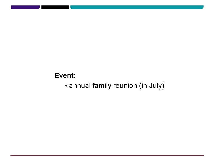 Event: • annual family reunion (in July) 