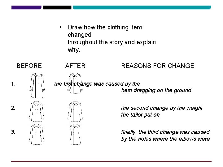  • Draw how the clothing item changed throughout the story and explain why.