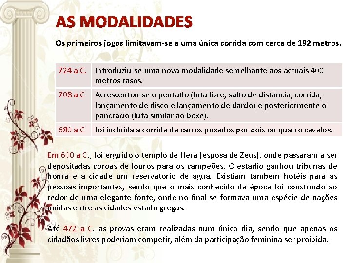 AS MODALIDADES Os primeiros jogos limitavam-se a uma única corrida com cerca de 192