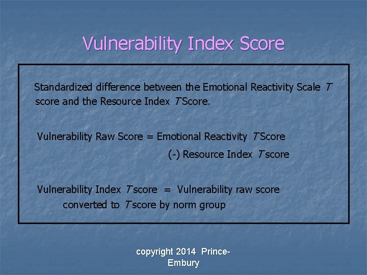 Vulnerability Index Score Standardized difference between the Emotional Reactivity Scale T score and the