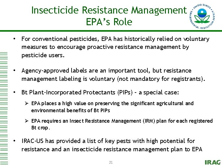 Insecticide Click to. Resistance edit Master Management title style EPA’s Role • For conventional