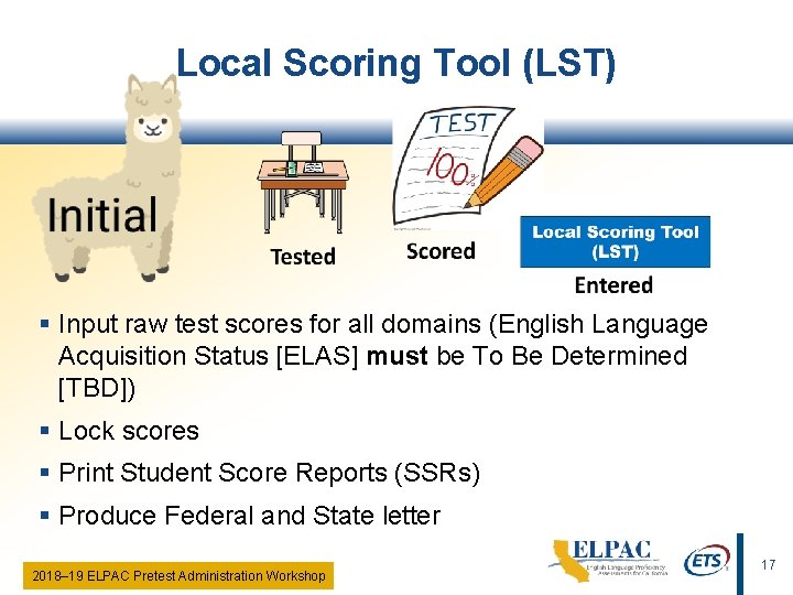 Local Scoring Tool (LST) § Input raw test scores for all domains (English Language