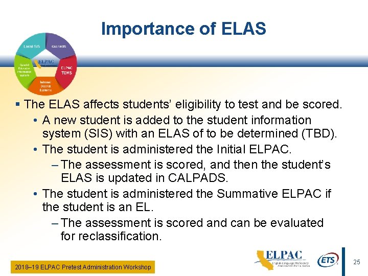 Importance of ELAS § The ELAS affects students’ eligibility to test and be scored.