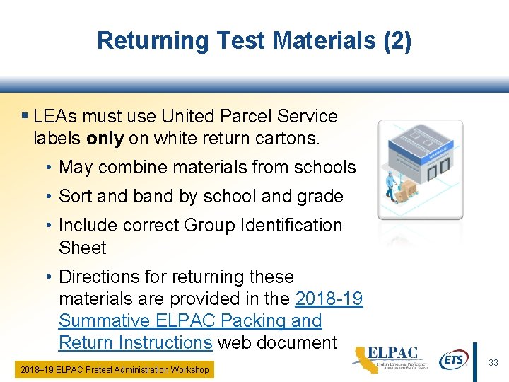 Returning Test Materials (2) § LEAs must use United Parcel Service labels only on