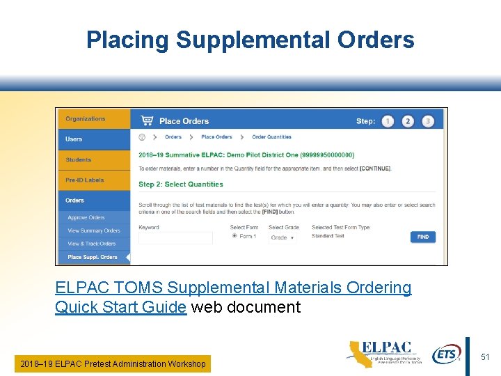 Placing Supplemental Orders ELPAC TOMS Supplemental Materials Ordering Quick Start Guide web document 2018‒