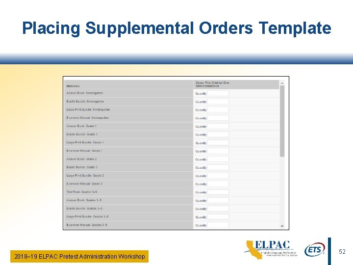 Placing Supplemental Orders Template 2018‒ 19 ELPAC Pretest Administration Workshop 52 