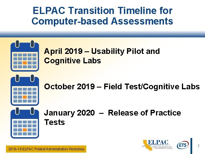 ELPAC Transition Timeline for Computer-based Assessments April 2019 – Usability Pilot and Cognitive Labs