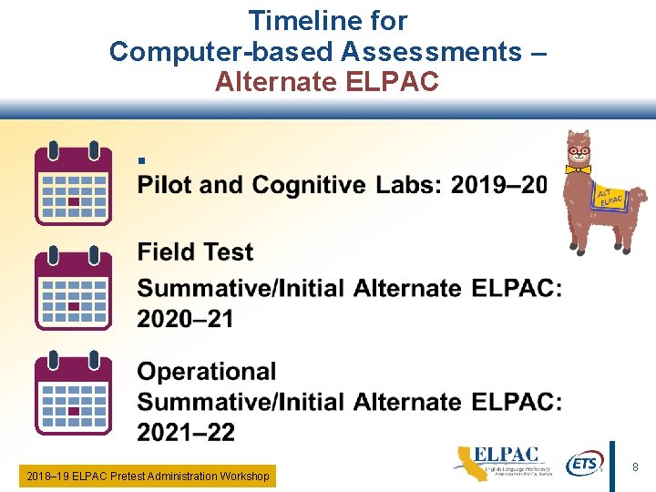 Timeline for Computer-based Assessments – Alternate ELPAC § 2018‒ 19 ELPAC Pretest Administration Workshop