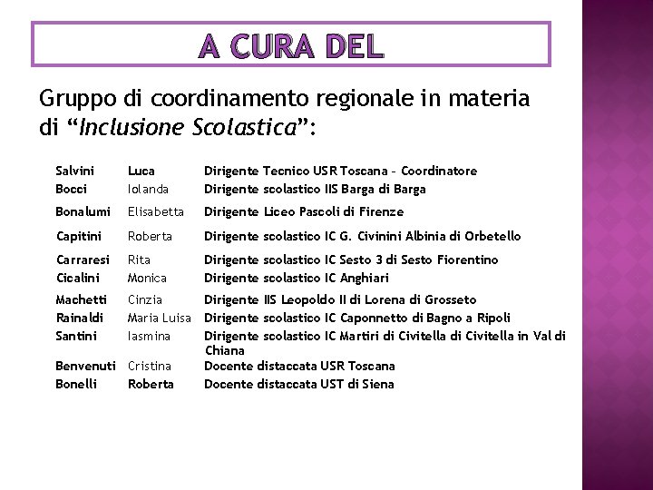 A CURA DEL Gruppo di coordinamento regionale in materia di “Inclusione Scolastica”: Salvini Bocci