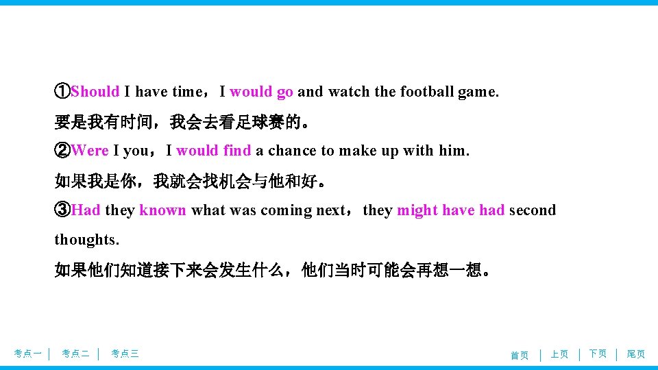 ①Should I have time，I would go and watch the football game. 要是我有时间，我会去看足球赛的。 ②Were I