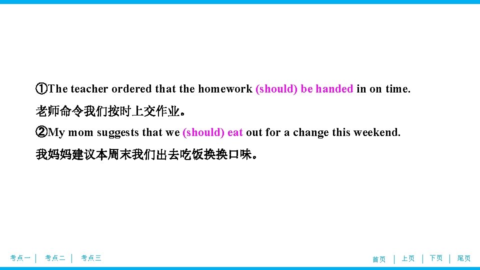 ①The teacher ordered that the homework (should) be handed in on time. 老师命令我们按时上交作业。 ②My