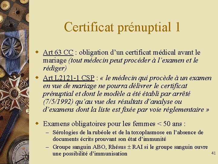 Certificat prénuptial 1 w Art 63 CC : obligation d’un certificat médical avant le